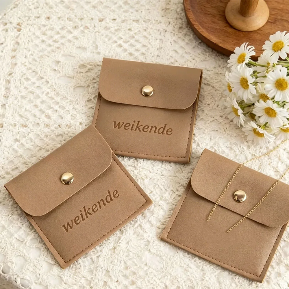 50/100pcs Personalized Logo 8x8cm Vintage Jewelry Leather Snap Bag Fashion Jewellery Packaging Button Pouch Storage Pockets