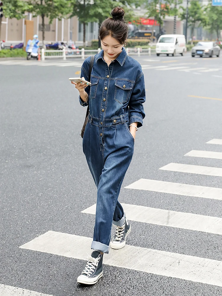 

Faionable European Sle High Waist Denim Jumpsuit Loose Fit Slimming Women's Set Casual Pants Cotton Blend Comfortable