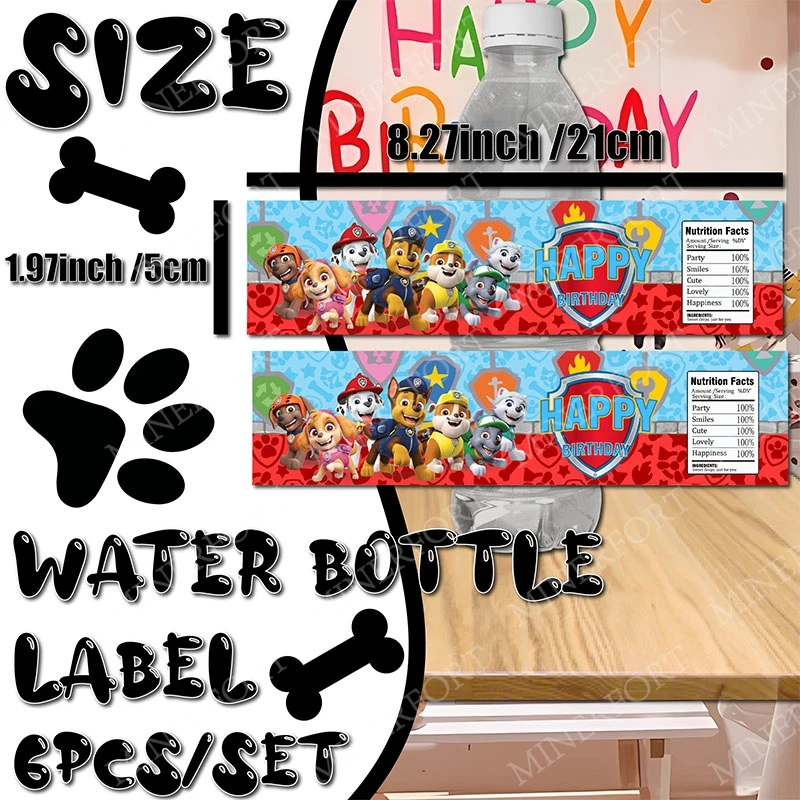 Paw Patrol Cartoon-Themen-Etiketten für Wasserflaschen, Aufkleber, Hunde, Wein, Champagner, Süßigkeiten, Verpackung, Kindergeburtstag, Party-Dekoration, Zubehör