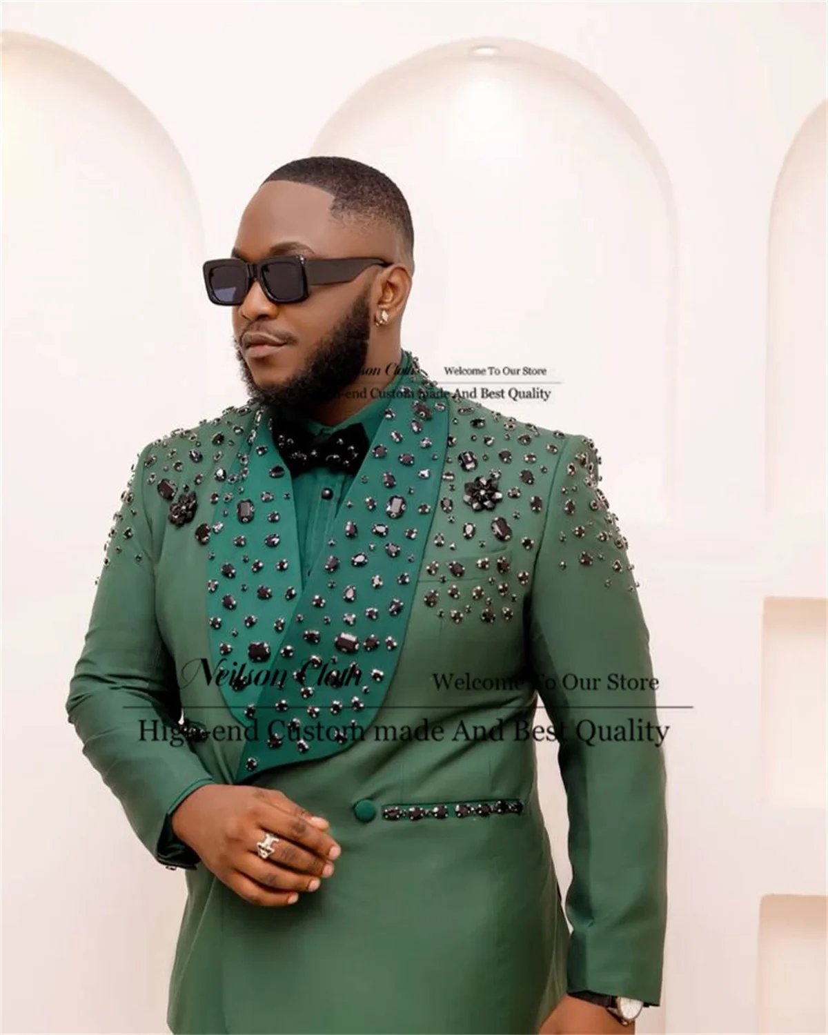 

Fashion Army Green Male Prom Blazers 2 Pcs Sets Shawl Lapel Groom Wedding Tuxedos Customized With Diamonds Terno Masculino