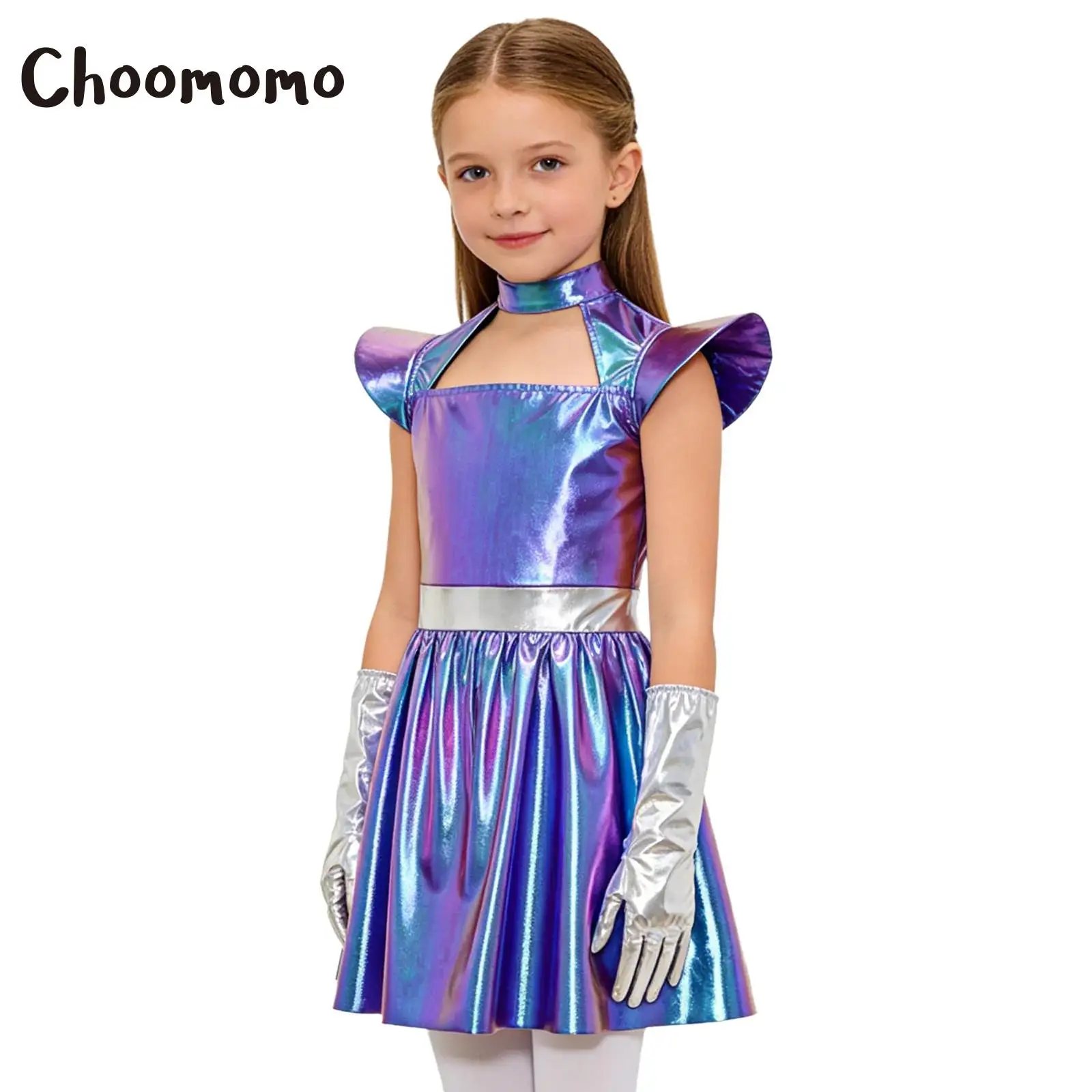 

Girls Alien Costume Halloween Outerspace Robot Cosplay Metallic Flying Sleeve A Line Tutu Dress with Gloves Future World Party
