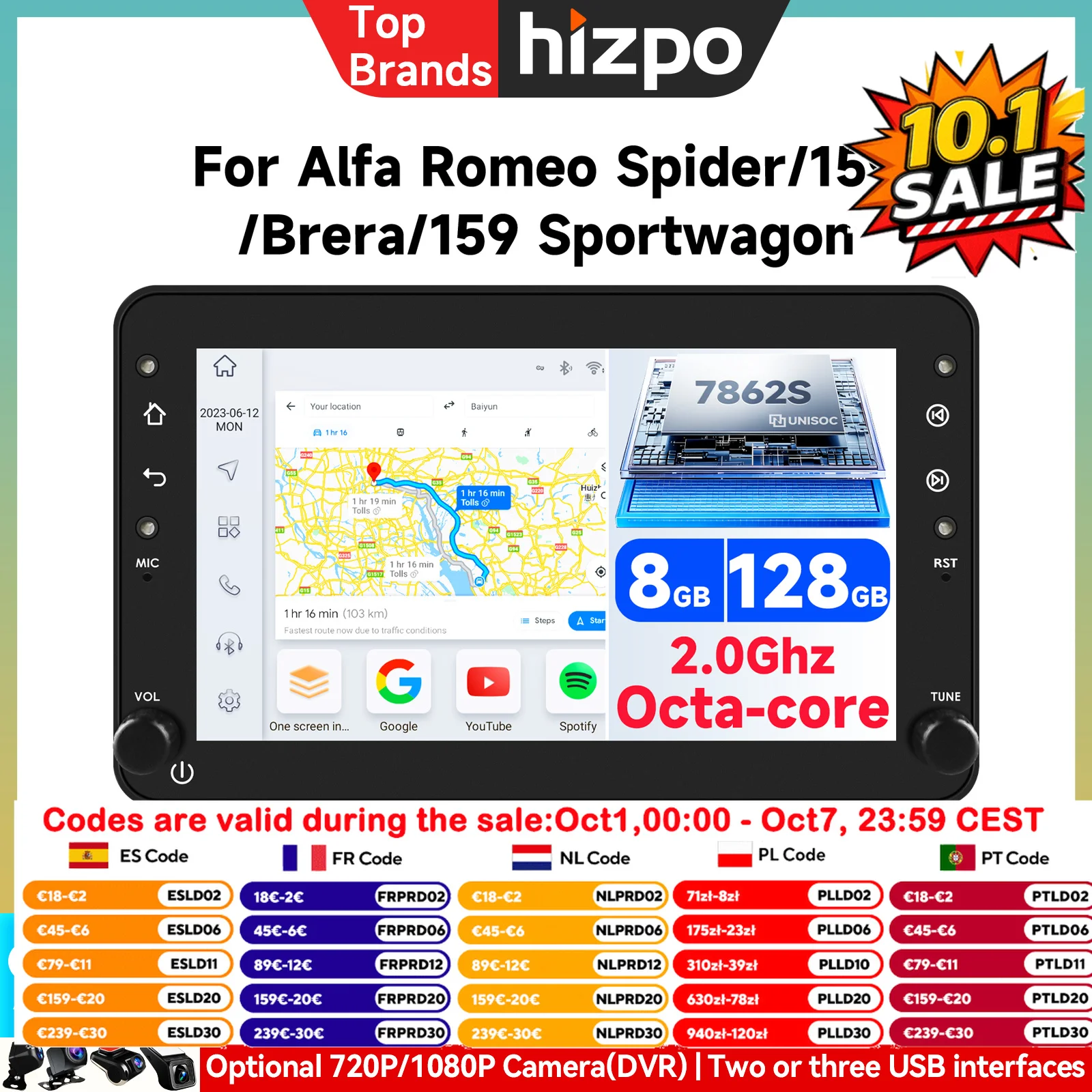 Autoradio Android 2Din da 7'' per Alfa Romeo 159 Brera Spider Sportwagon, GPS Multimediale per Auto, 4G Carplay, Schermo Intelligente