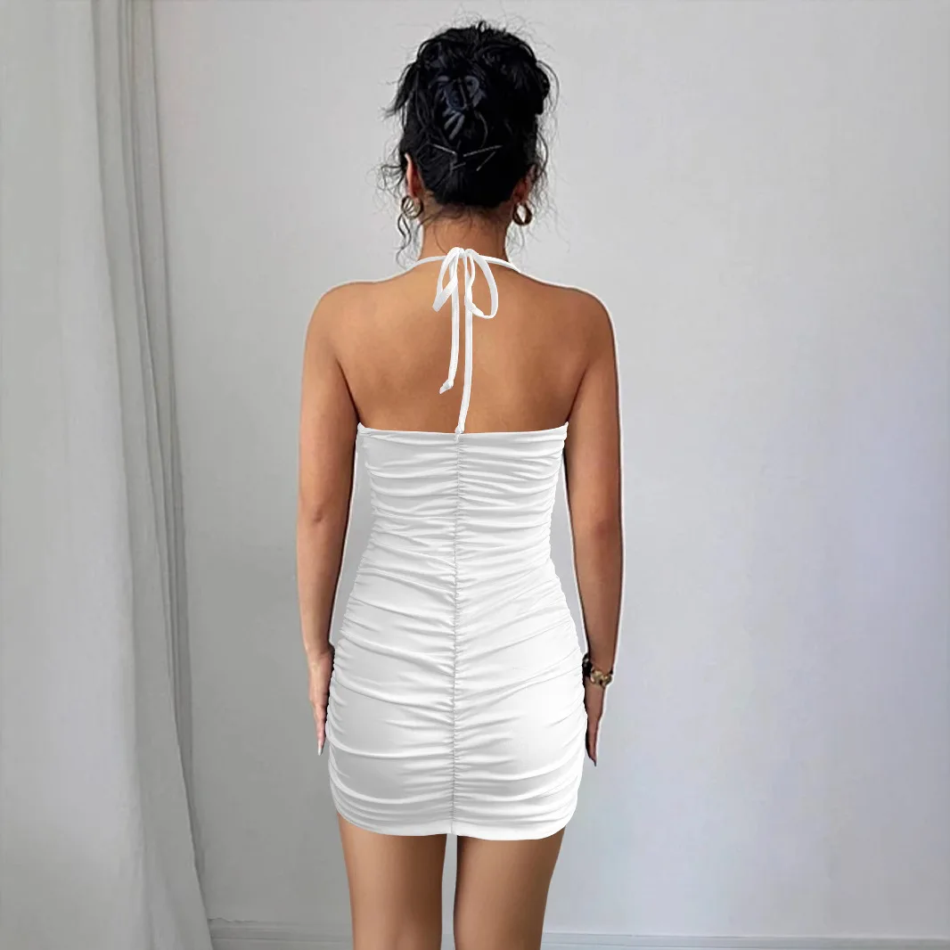 Summer New Cross-Border Women's Pleated Sleeveless Halterneck Dress Amazon Sexy Slim Cut-out Hip Skirt