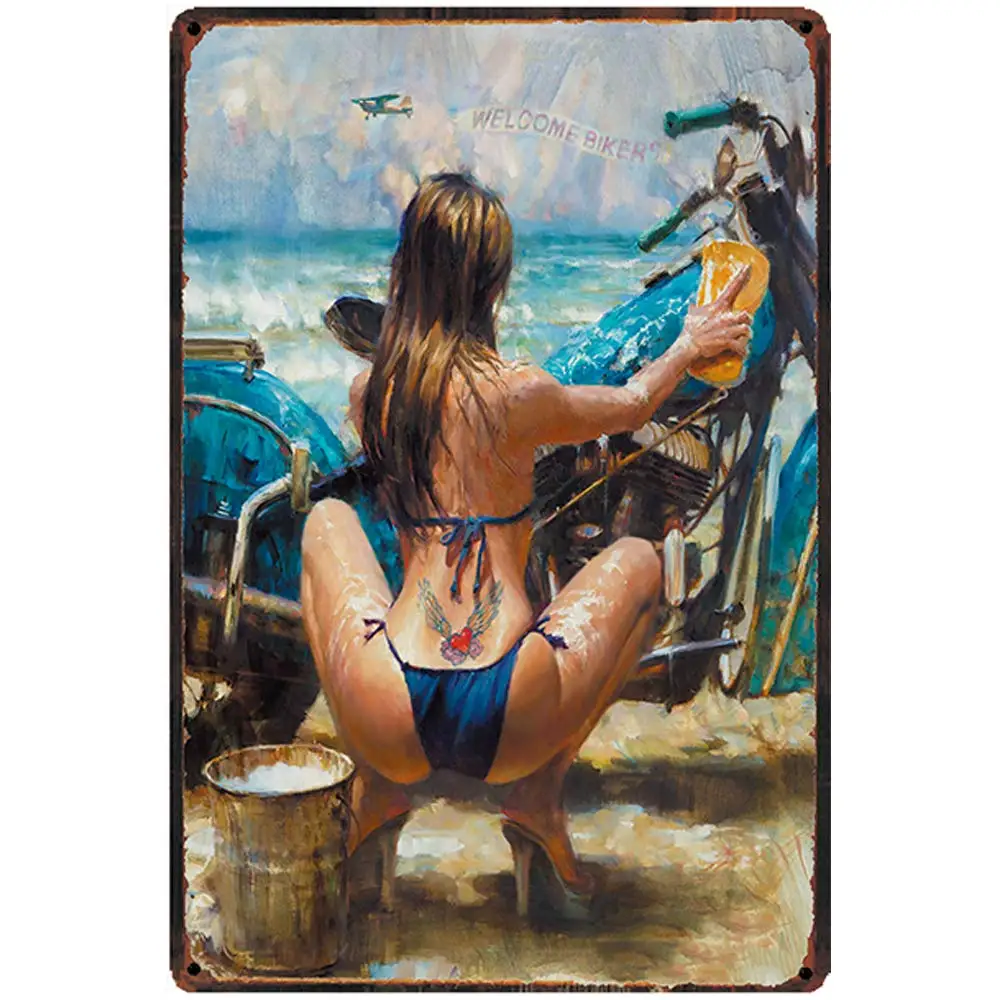 

Retro Design Bikini Girl Washing Motorcycles Tin Metal Signs Wall Art | Thick Tinplate Print Poster Wall Decoration for Garage