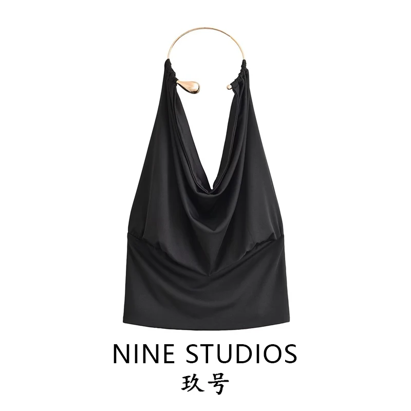 Sexy Metal Ring Necklace Strap Vest Top Women's Fashion Summer Sleeveless Collar Design Nine Zar Brand Hot Girl Clothing