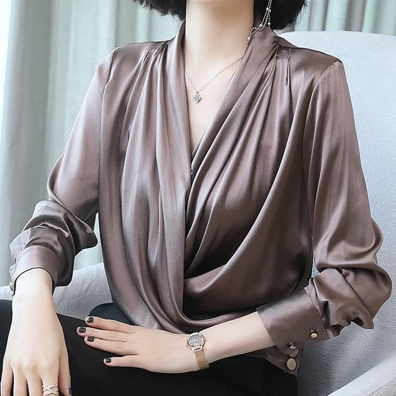 Elegant V-Neck Solid Color Button Folds Satin Blouse Women\'s Clothing 2022 Autumn New Casual Pullovers Loose Office Lady Shirt