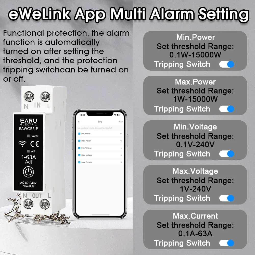 Tuya eWeLink MCB WiFi Smart Circuit Breaker 1P+N 63A Time Relay Switch Energy Meter kWh Voltage Current Protector Remote Control