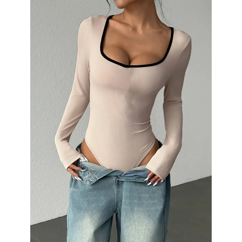 Mono Sexy Ajustado con Cuello en U para Mujer - Manga Larga, Color Sólido, Elegante para Toda Temporada, Chic y Cómodo