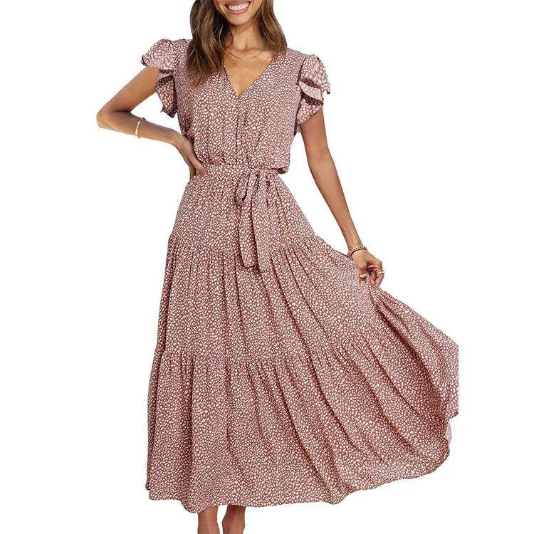 Verão floral envoltório com decote em v plissado a linha cinto em camadas estilo boêmio vestido elegante casual longo vestido floral para mulher