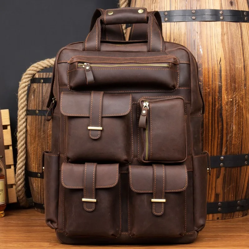 Vintage Handmade Crazy Horse Leather Backpack for Men, Genuine Leather Backpack, Full-Grain Cowhide Laptop Bag for Women, Travel