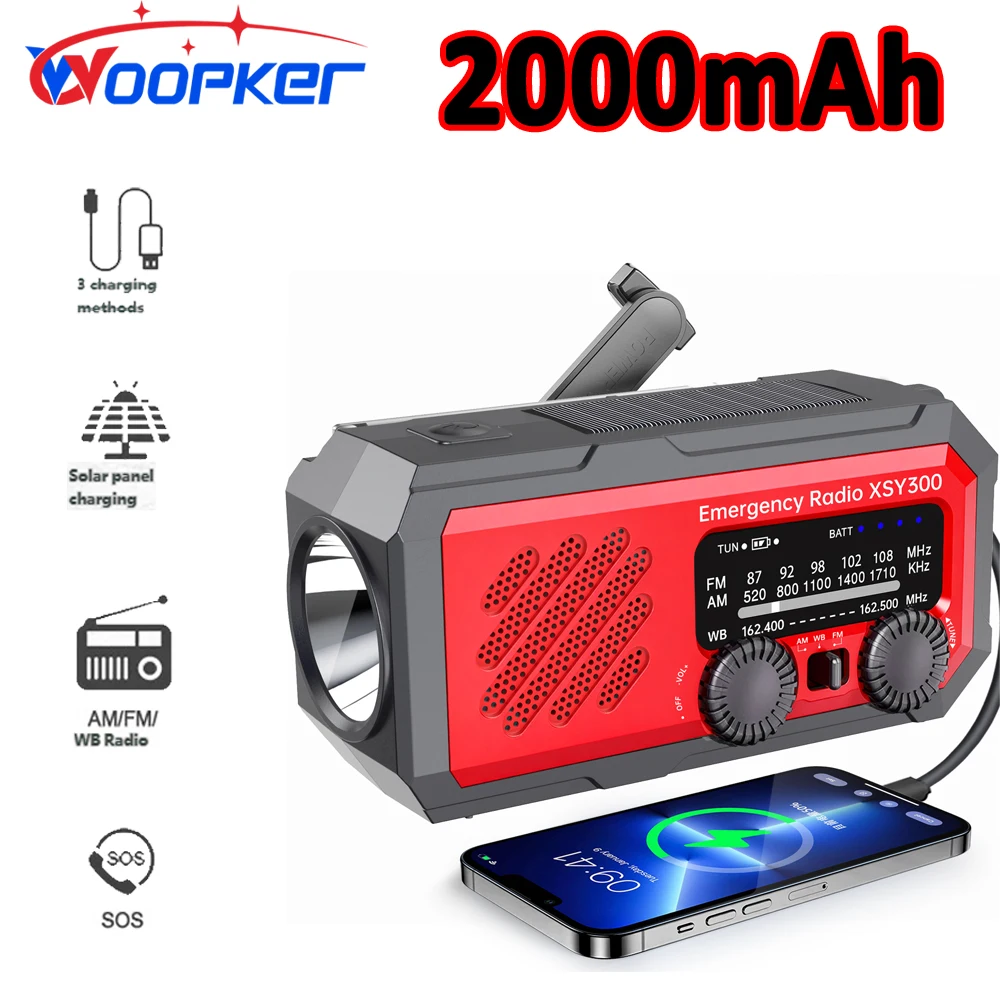 

Радиоприемник Woopker XSY-300, многофункциональный, на солнечной батарее, с ручным приводом, 2000 мАч, FM/AM/WB, портативное зарядное устройство, подходит для кемпинга в дикой природе