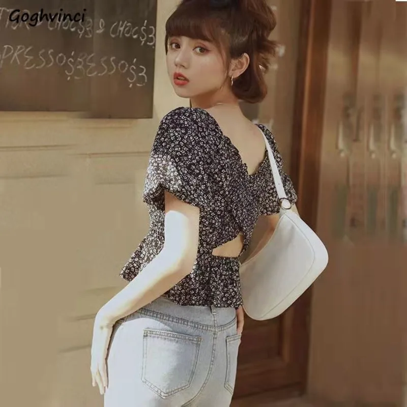 Backless Blouses Women Slim Gentle Vintage Popular Puff Sleeve Summer Crop Tops Literary Sexy Designed Chic Square Collar Floral