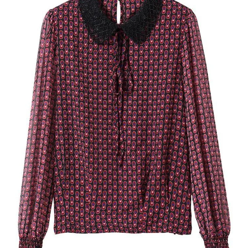 Autumn and Winter Women\'s Pullover Round Neck Loose Fit Chiffon Polka Dot Long Sleeve Underlay Fashion Elegant Commuter Tops