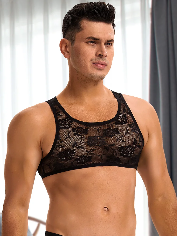 Comeondear Lace Sleeveless Top Sheer Lingerie Men's Sexy Floral Undershirts Plus Size Sissy Vest Black Intimate Mesh Waistcoats