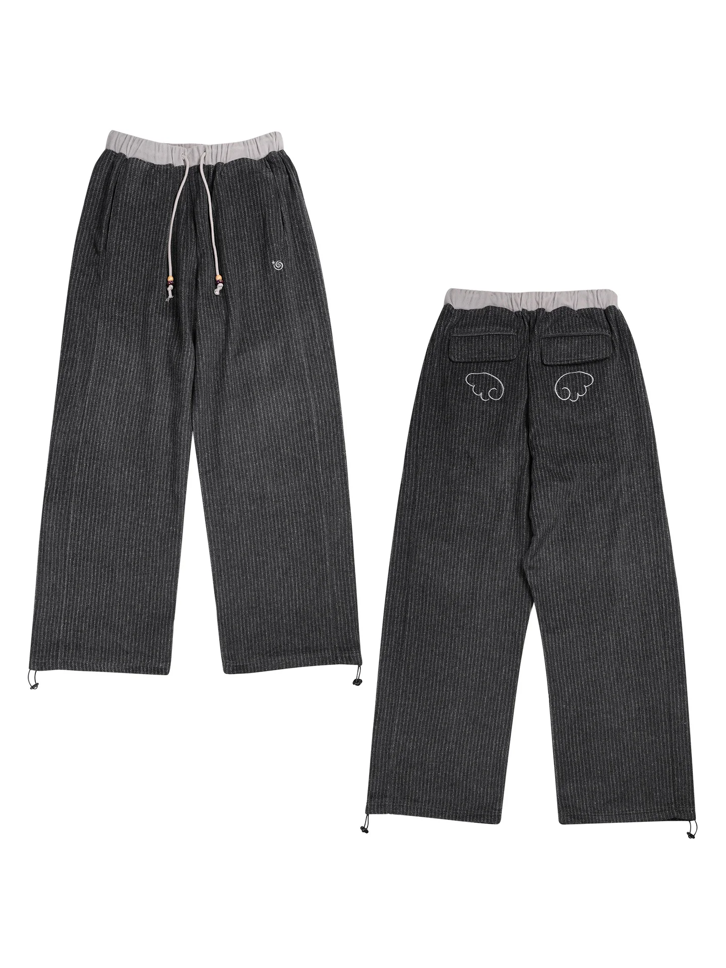 Casual Loose Straight Leg Pants Women's Elastic Waist Stripe Patchwork Embroidered Comfortable Winter Long Trousers