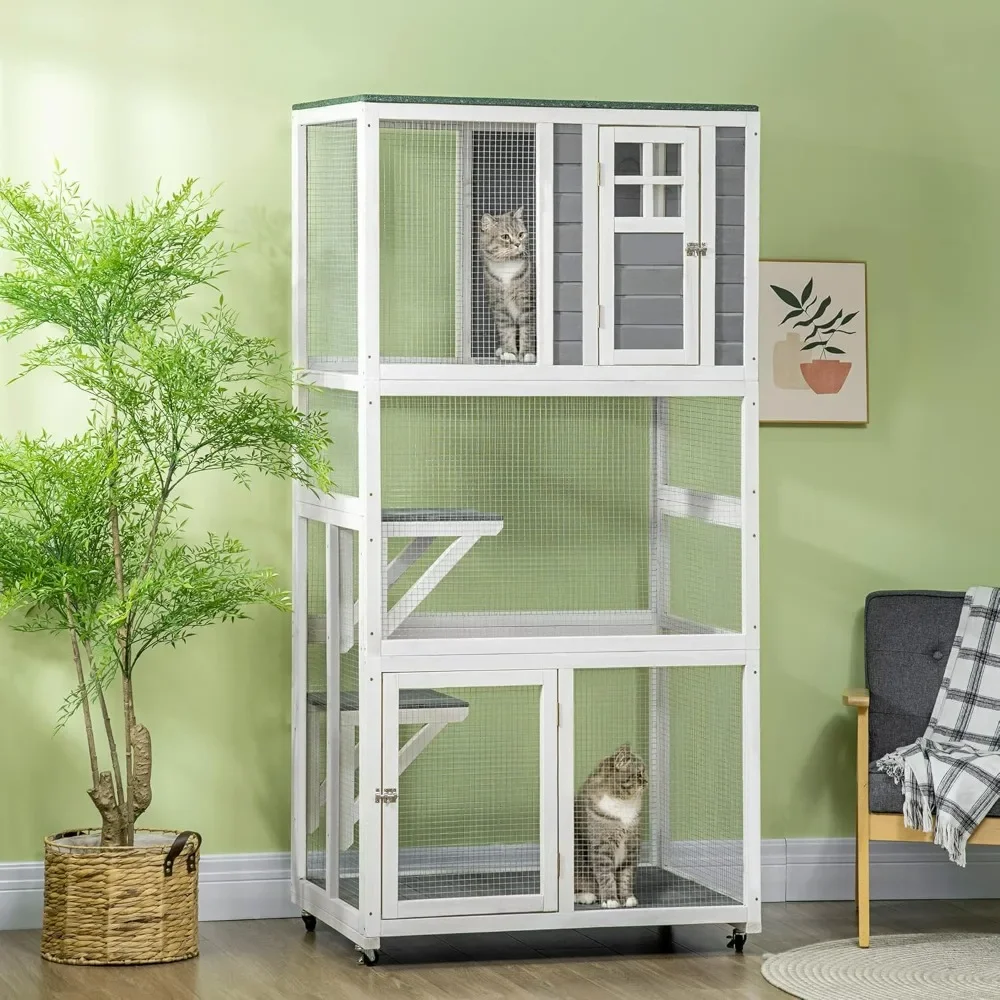 

74 Inch Wooden Catio Outdoor Cat Enclosure with 2 Jump Platforms and 1 Resting Rooms, Weatherproof & Wheeled, Cat Cages