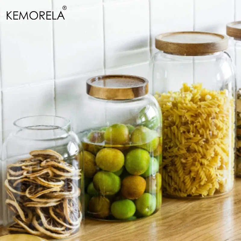 High Borosilicate Glass Acacia Wood Lid Glass Jar Food Airtight Storage Jar Large Storage Container Solid Wood Lid Pickle Jar