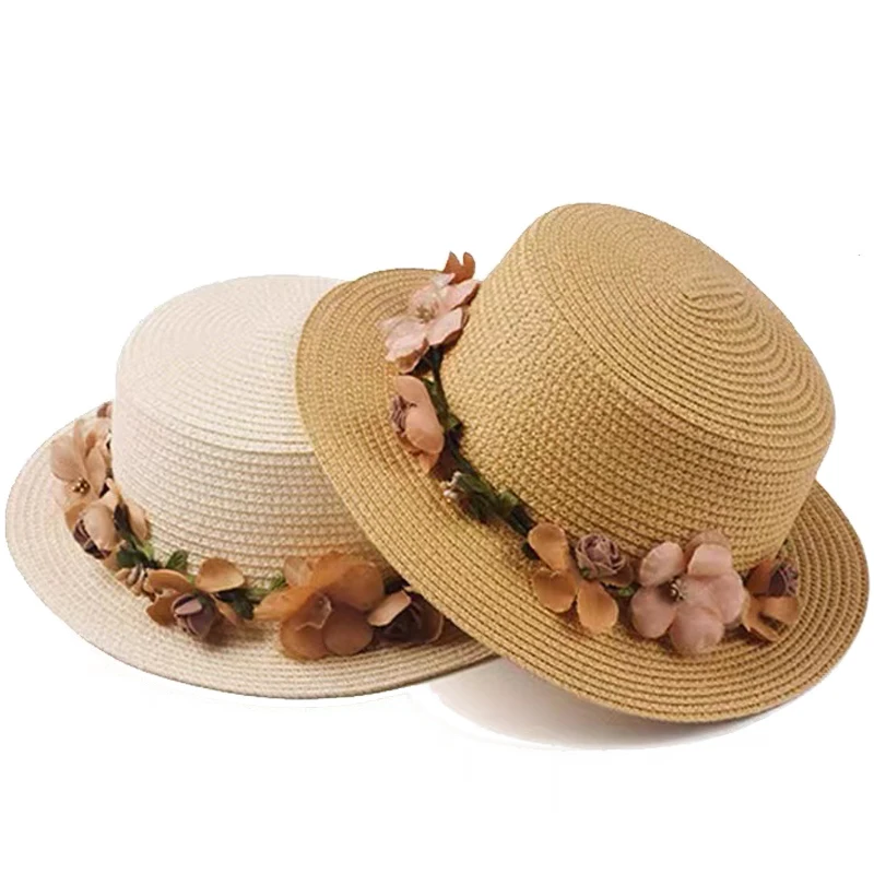 

Simple Parent-child Summer New Women's Sun Hat Bucket cap beige lace Bowknot Flowers Ribbon Flat top Straw Hat Beach Caps Panama