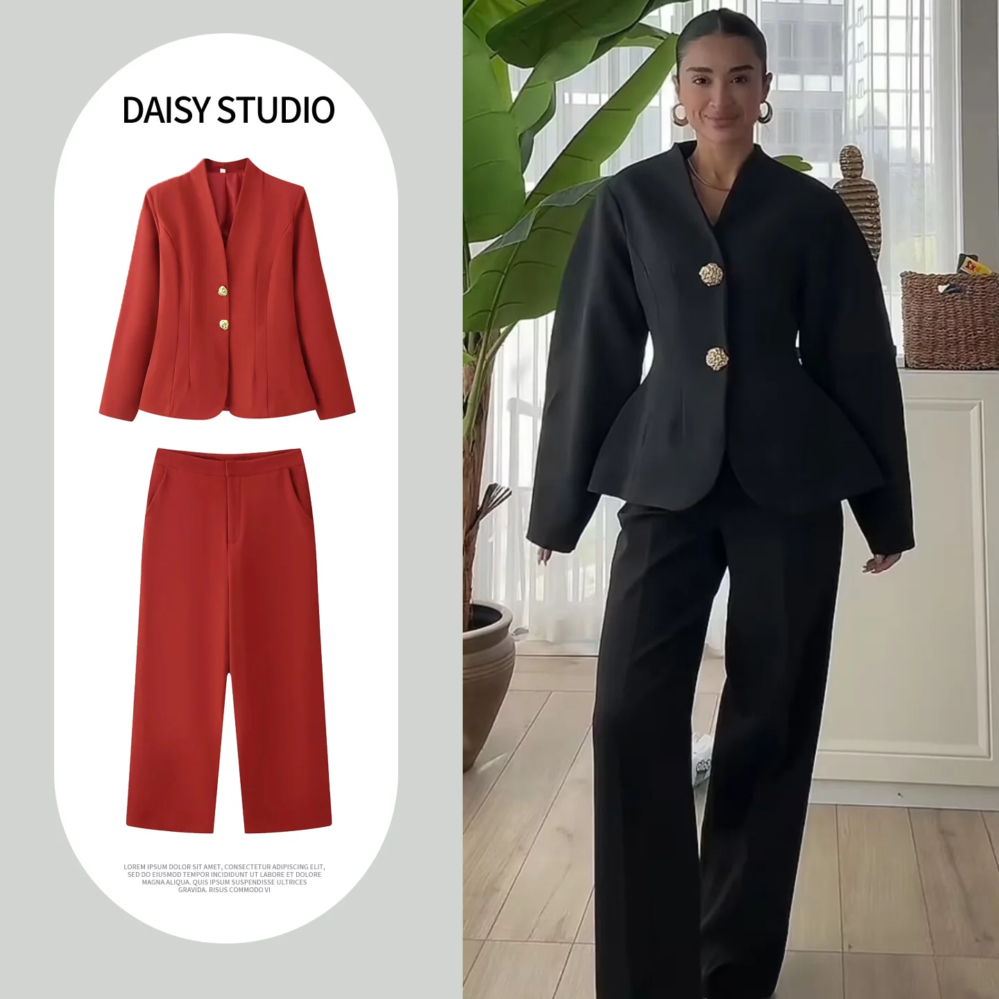 

Spring New Women's Long Sleeve V-Neck Waist-Cinched Metal Button Suit Jacket Casual High Waist Pants Single Button Closure