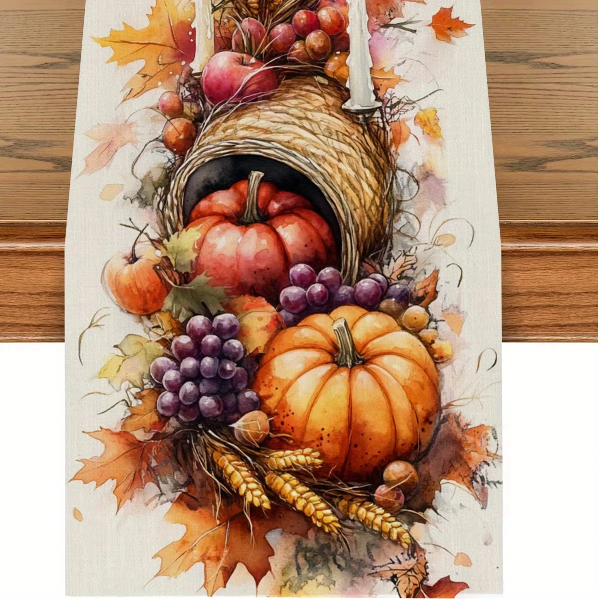 Harvest Cornucopia Pumpkin Grapes Leaves Watercolor Table Runner Autumn Thanksgiving Festive Home Decor Elegant Durable Holiday