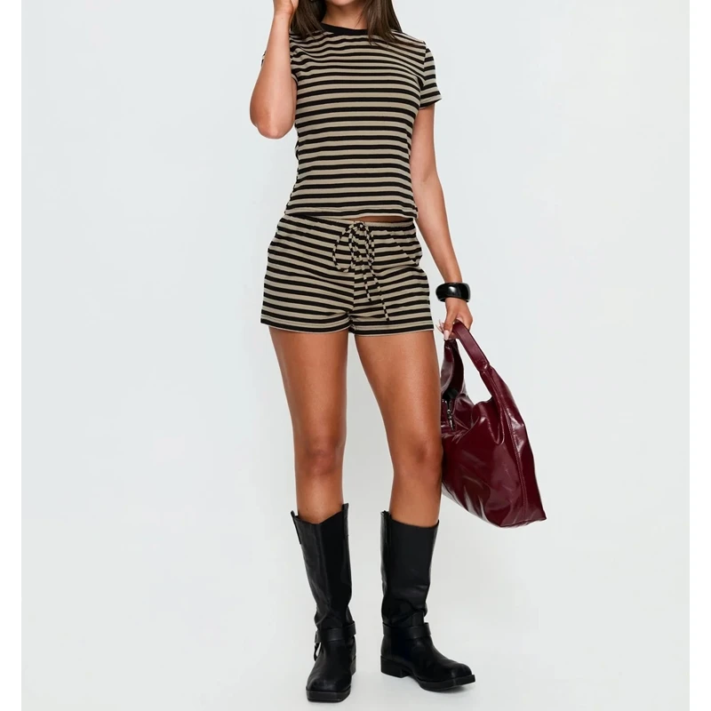 

Women's Summer 2Piece Slim Fit Shorts Outfit Striped Crew Neck Short Sleeve T-Shirt Tops and Drawstring Waist Shorts Tracksuit