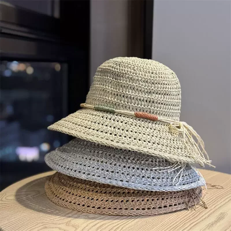 Summer Ethnic Style Bucket Hat for Women Foldable Sun Crochet Hat Beach Travel Vacation Handmade Straw Hat Breathable Panama Cap 2