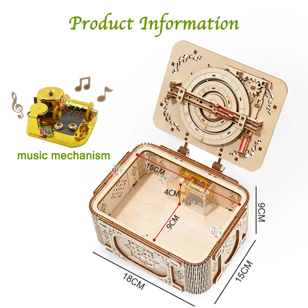 URY 3D Wooden Puzzle Music Antique Password Treasure Box Lockbox DIY Advanced Assembly Model Toys Creative Gift for Lady Girls