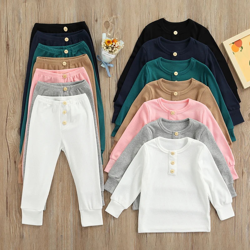 Kids Nightwear, Solid Color Round Neck Long Sleeve Tops+ Elastic Waist Long Pants Casual Homewear