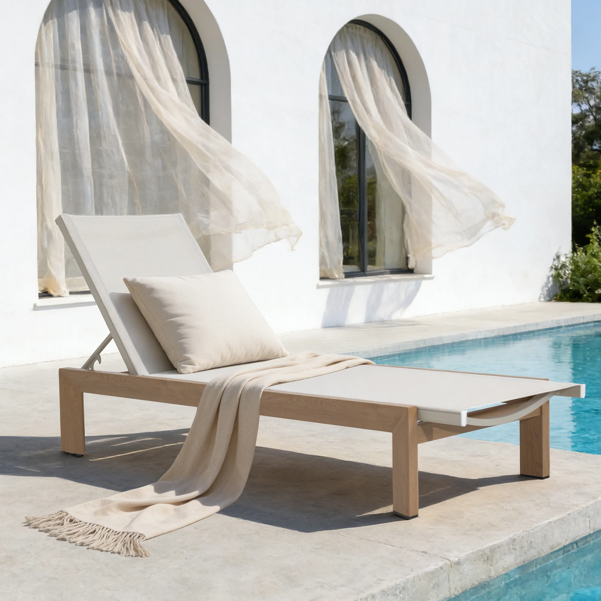 Outdoor furniture Aluminum Sun Lounger, Outdoor Garden Lounger with Adjustable Backrest, Beach Lounger with Wood-Grain Finish, Triangular Leg Design for Patio, Garden & Poolside
