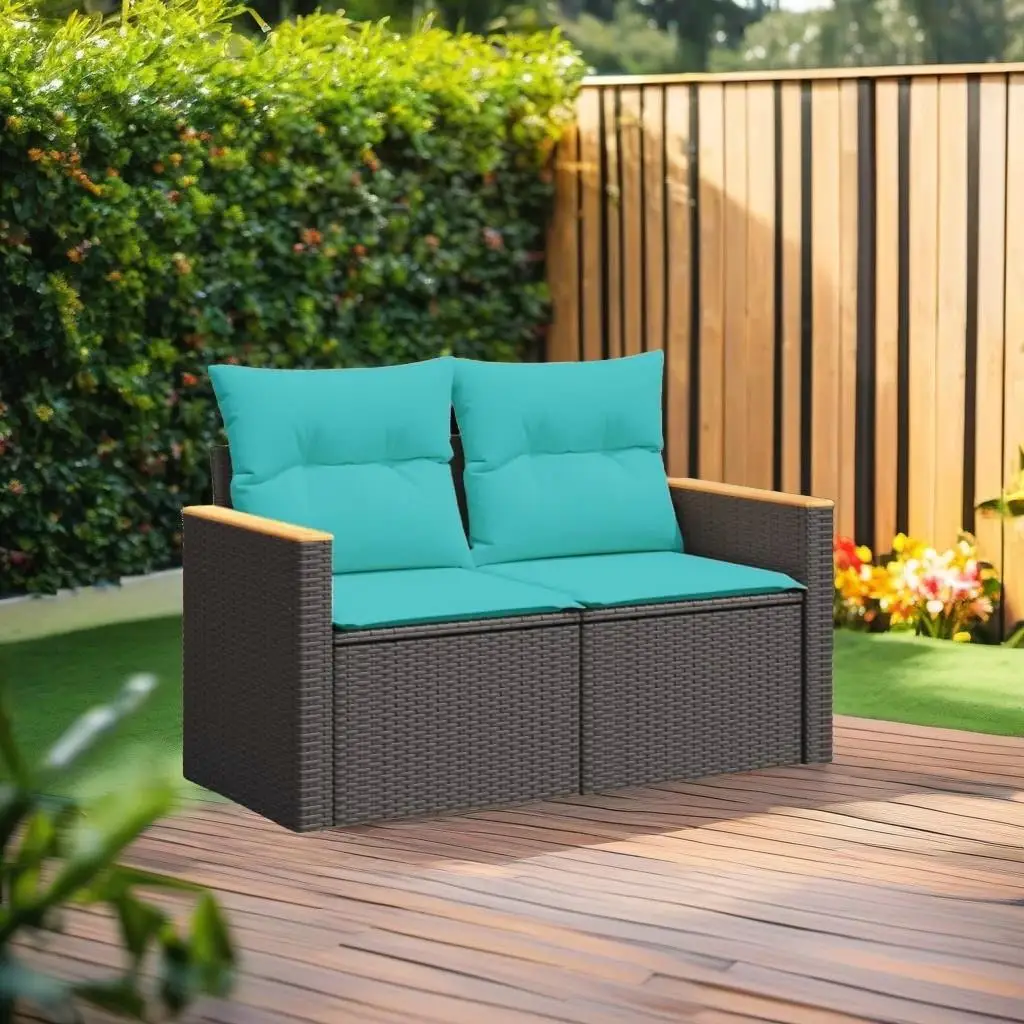 Black Poly Rattan 2-Seater Patio Sofa with Cushions - Stylish Outdoor Seating