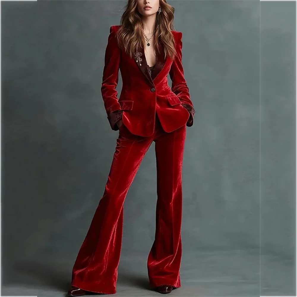 Exquisite Single Button Women Suit Two Piece Jacket Pants Luxury Velvet Outfit Elegant Fashion Office Work Interview Daily Set
