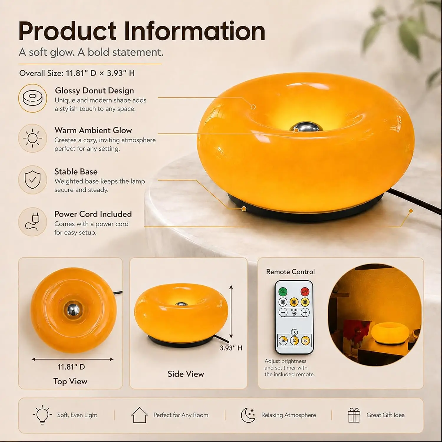 Orange Donut Table Lamp,Ambient Lighting Lamp,Aesthetic Room Decor | Blown Glass Lampshade,Stepless Dimming,Touch and Remote