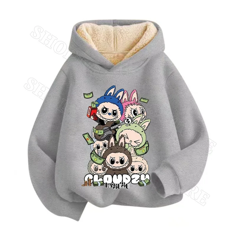 New Labubu Kids Fleece Hooded Sweatshirt Child Clothes Comfortable Warm Fashion Streetwear Cartoon Anime Print Sweatshirts Gifts