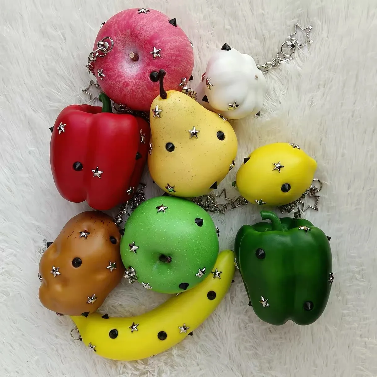 Punk Rivet Fruit Vegetable Bag Charm, Dark Y2K Subculture Cool Keychain Pendant for Backpack