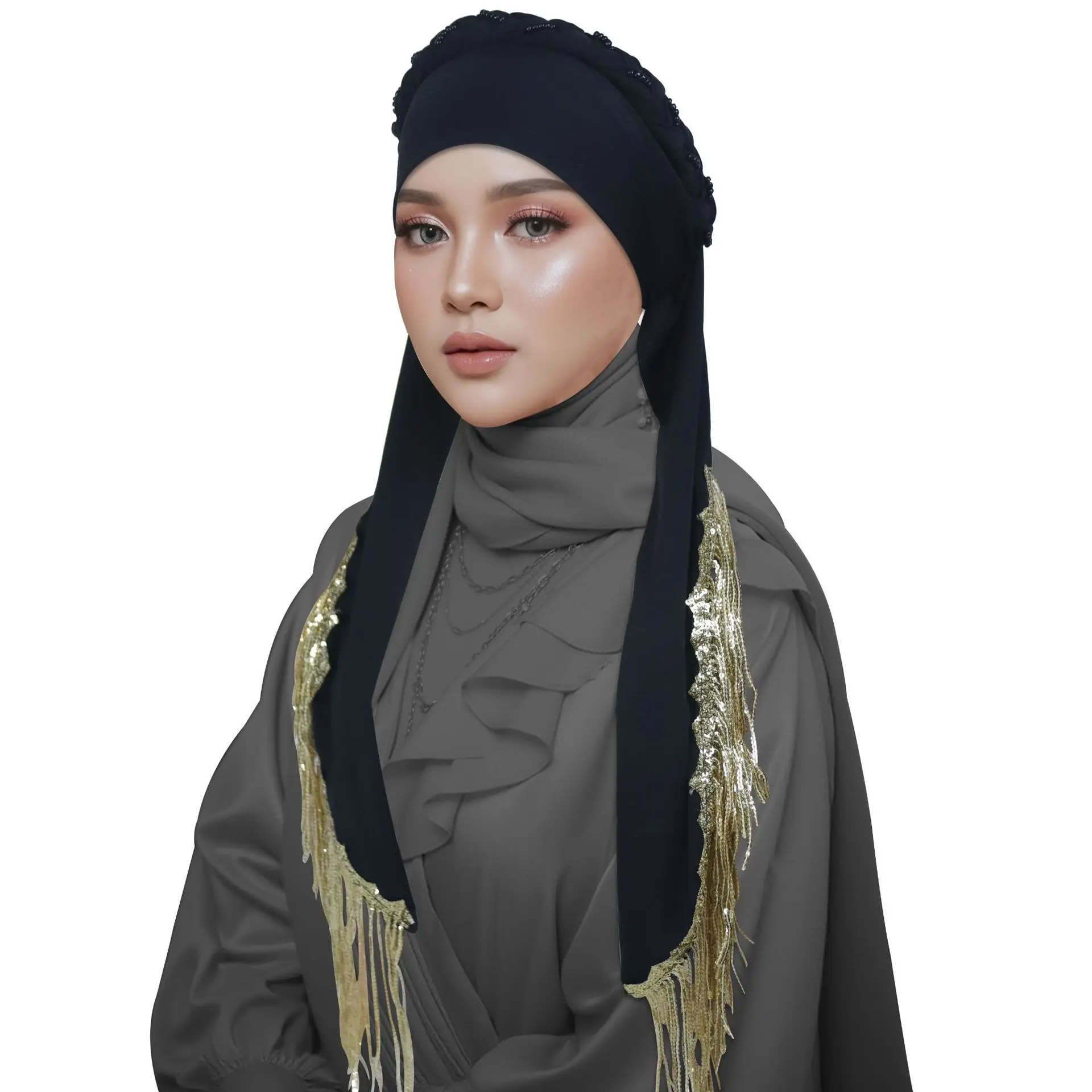 

Glitter Sequins Beading Braid Women's Head Wraps Muslim Headscarf Bonnet Femme Musulman Long Tail Turban Cap Turbante Mujer