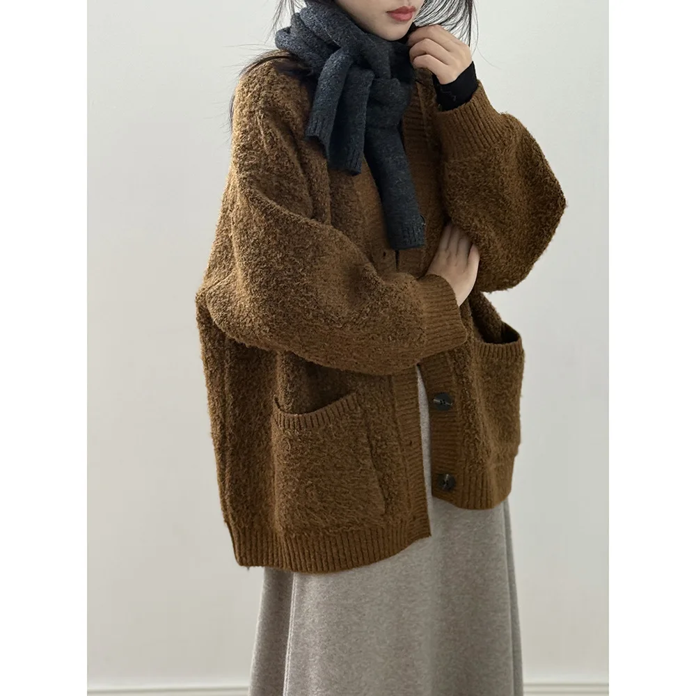 

Retro lazy V-neck sweater cardigan jacket women's winter solid color casual loose knit top