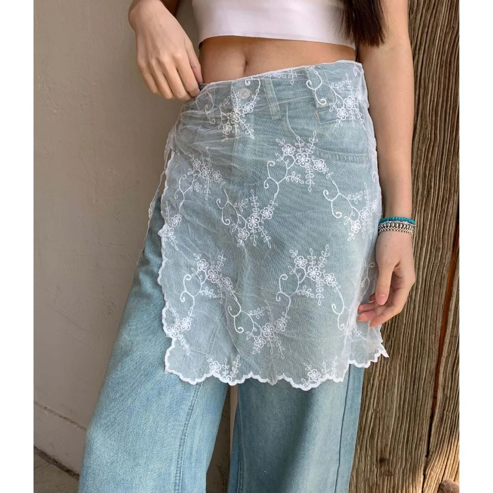 Trendy Jeans Decor Lace Fart Curtain Pretty Slim Fit Women's Hip Curtain Y2K Versatile Mini Skirt Summer