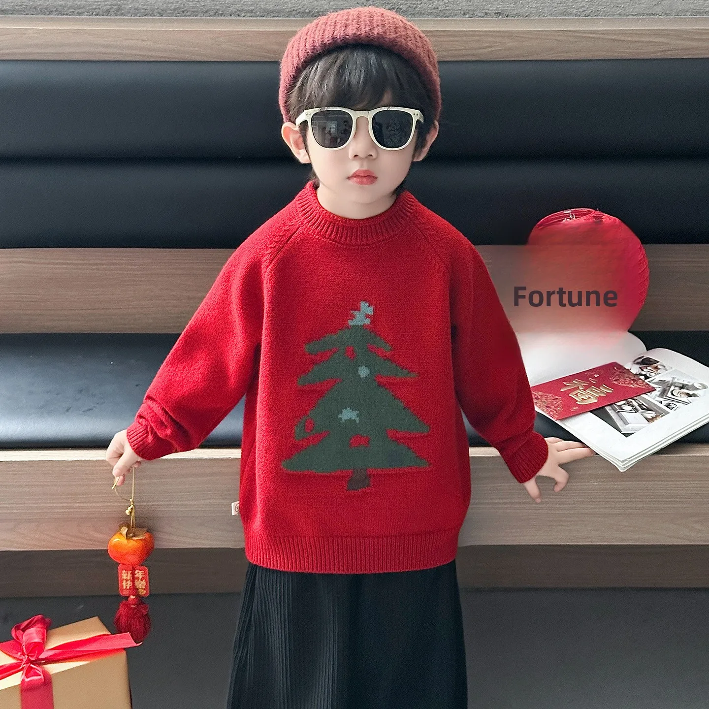 

Красный вязаный свитер Cisas Tree для мальчиков, утепленный, осенне-зимний, модный, теплый, в корейском стиле, свободного кроя, с животным принтом