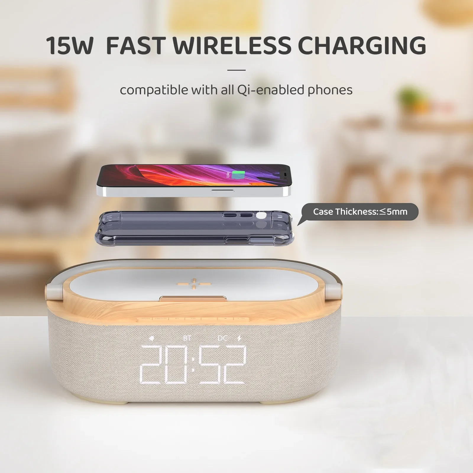 COSLUR S29 Altoparlante Bluetooth Batteria 1800Mah Supporta 15W Ricarica wireless Orologio digitale Display Sveglia con luce notturna