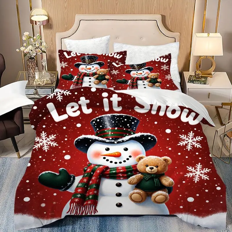 Christmas Snowman Bedding Set, 1 Duvet Cover + 2 Pillowcases (Without Filling), Romantic Style, Christmas and New Year, Suitable for All Seasons, Machine Washable, Invisible Zipper, Suitable for Master Bedroom, Home, Guest Room, Three-Piece Bedding Set