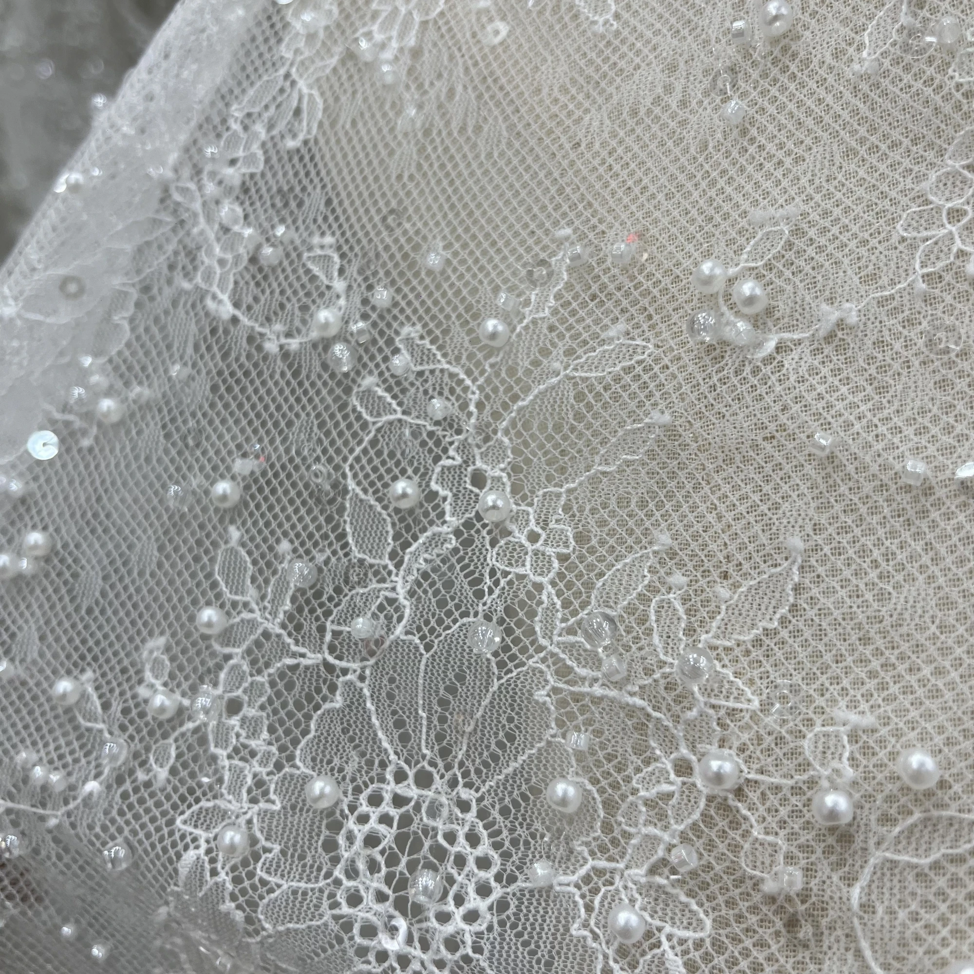 Elegant And Exquisite Sequined Beads Pearls French Lace Embroidery, High-End Wedding Gown Bespoke Evening Dress Fabric. - Image 4