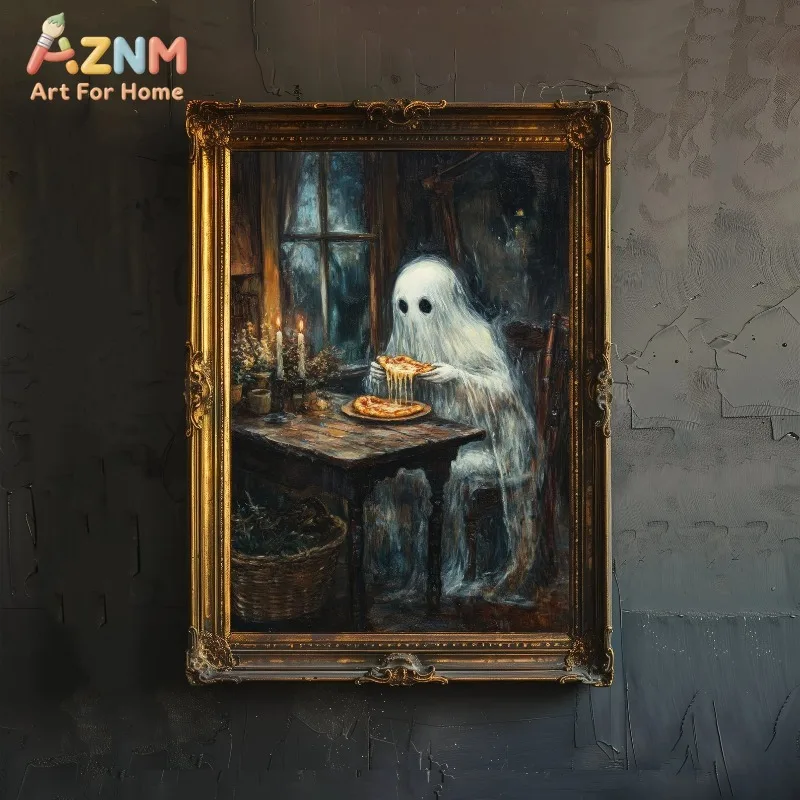 Ghost Eating Pizza Rustic Dim Room Candle Window Halloween Canvas Poster Prints Frameless Wall Art Quirky Moody Decorations