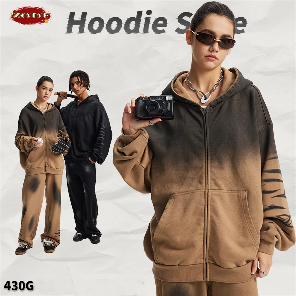 

ZODF 2025 зима 430 г/м2 потертая хлопковая толстовка на молнии для мужчин унисекс граффити живопись мужское пальто с капюшоном HY1134
