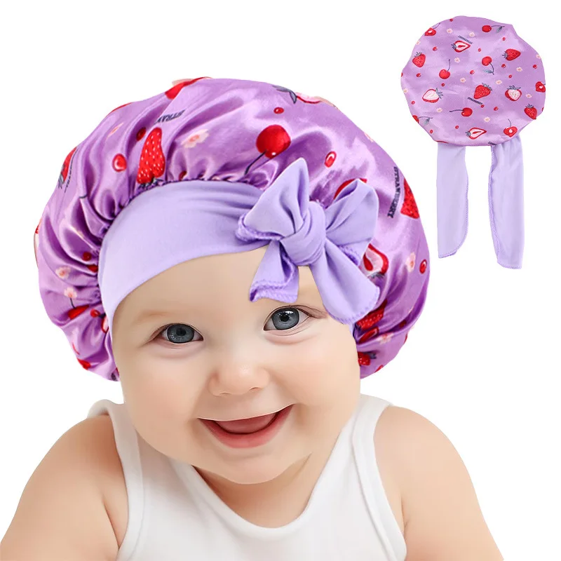 Fruit Printed Kids Satin Bonnet Silk Cap Child Hair Protect Beanie Night Boy Girls Floral Silk Sleep Cap with Band Bow Knot Hat
