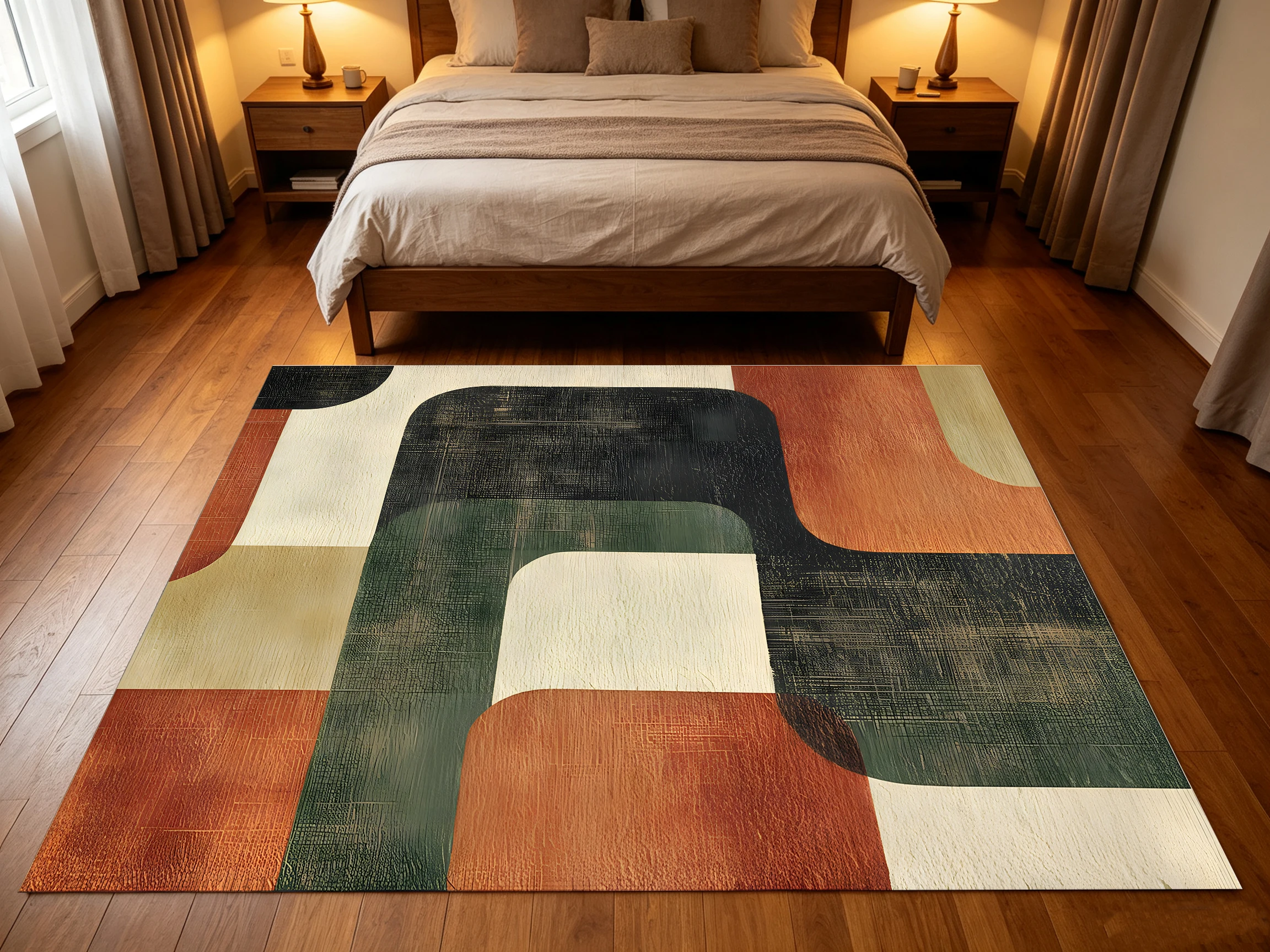 Abstract Geometric Color Block 2D Rug, Brown & Green Color Blocking, Retro, for Living Room & Bedroom, & Premium Floor