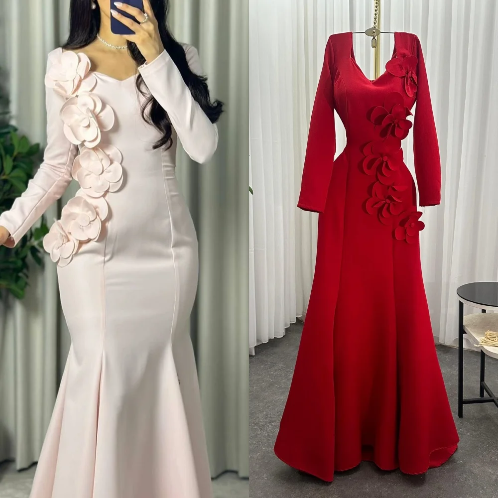 

Customized Exquisite Elegant Jersey Handmade Flower Pleat Mermaid V-neck Long Dresses Bespoke Occasion Dresses High Quality Sexy
