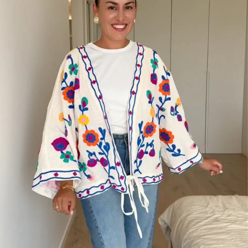 Women's Floral Embroidered V-Neck Jacket Loose Oversized Long Sleeve with Pockets Casual Flower Coat