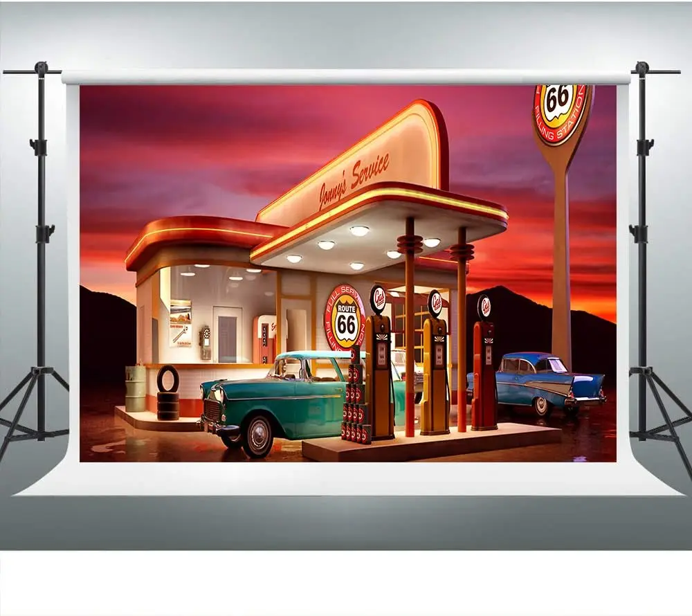 

50s Backdrop for Photography Route 66 Gas Station Background Vintage Car Background Party Decor Banner Photo Studio Supplies