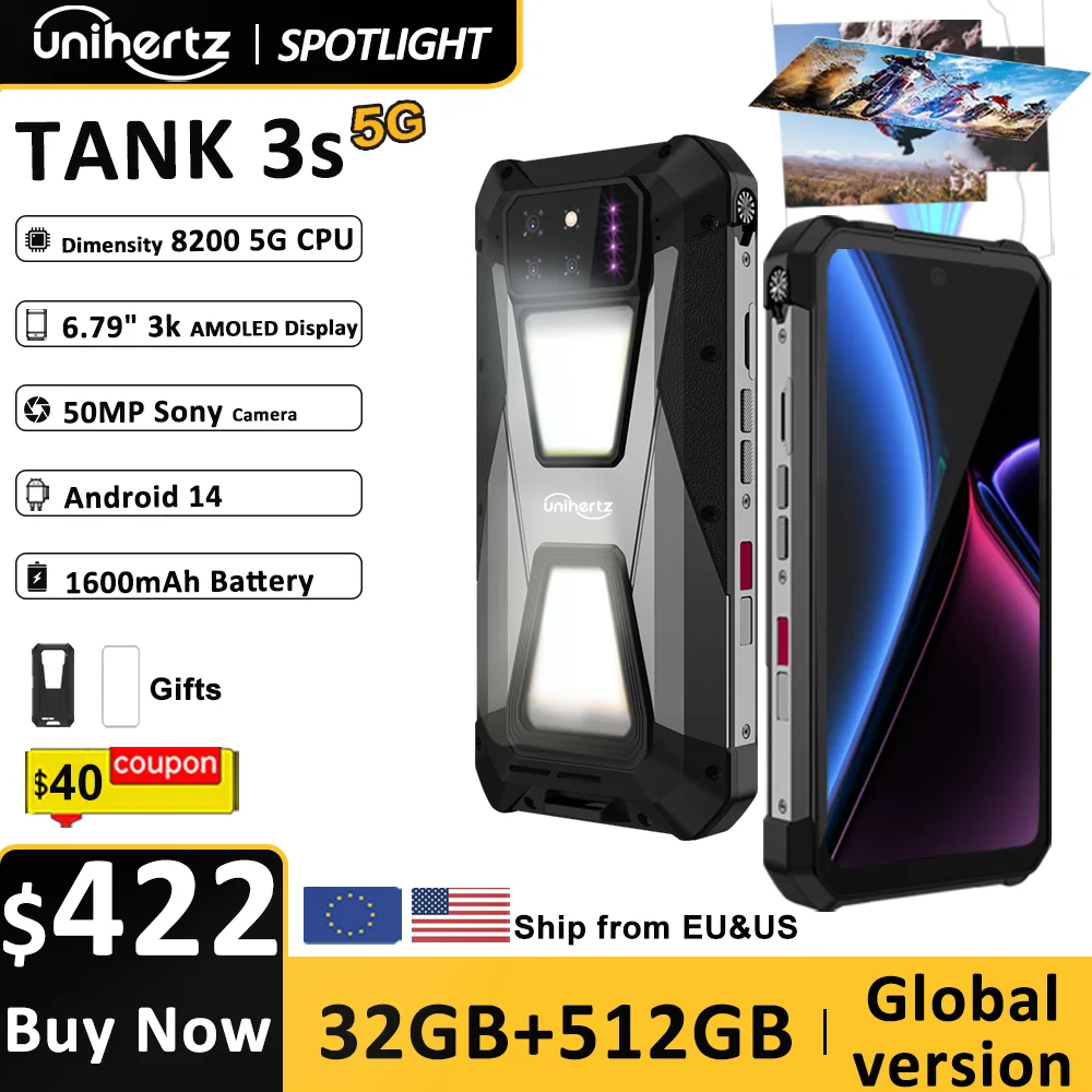 

Unihertz tank 3s 8849 powered smartphone with projector 24GB 256GB Dimension 8200 cellphone 15600mAh 66W charger 64MP 5G phone