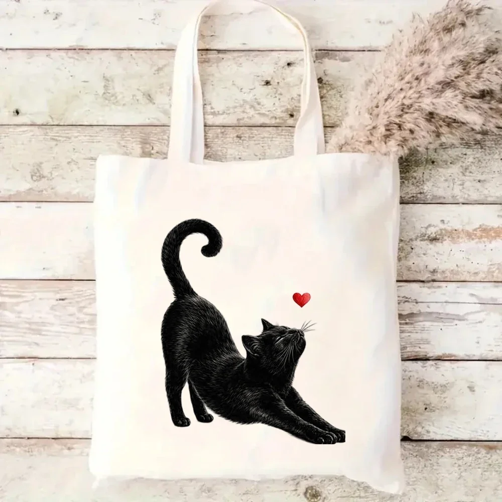 Black Cat Stretching With Red Heart Print Canvas Tote Bag Handbags for Daily Shopping,Commute,Travel,school,Picnics,and Parties.